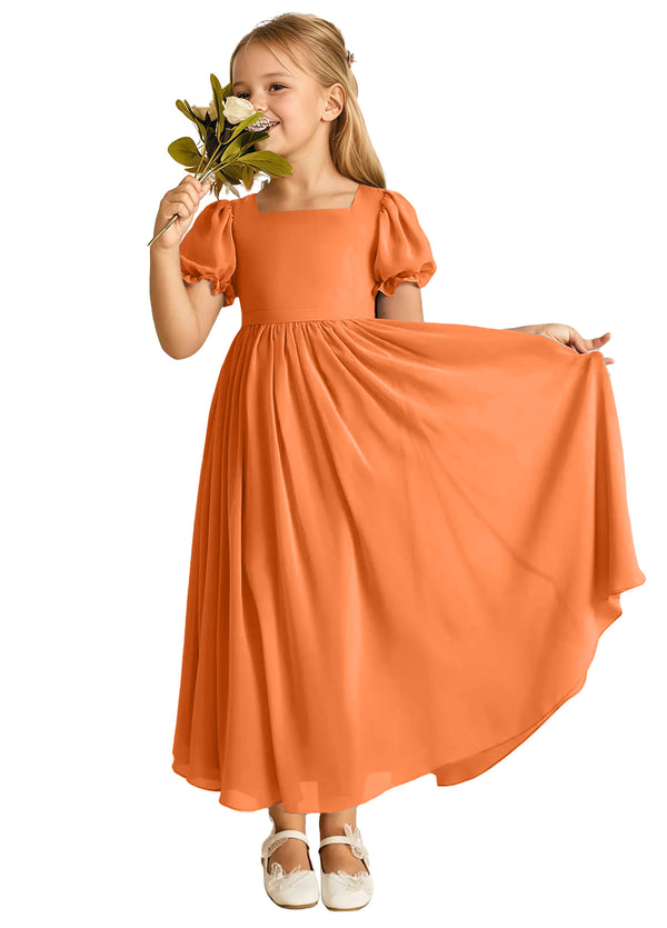 A-line Scoop-Neck Short Sleeves Chiffon Junior Bridesmaid Dress