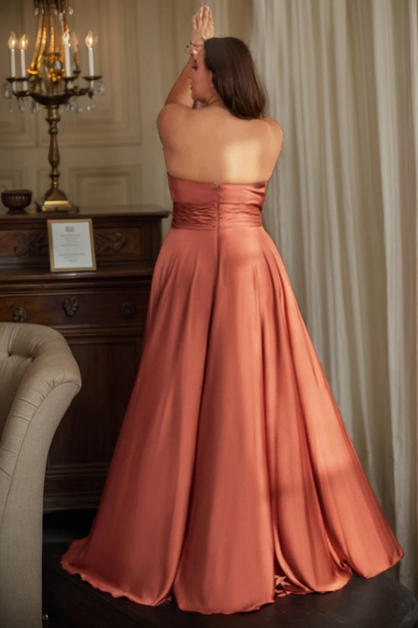 A-line Strapless Floor-Length Satin Prom Dresses