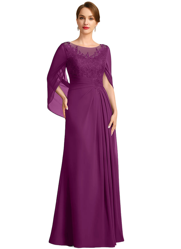 A-line Scoop Illusion Floor-Length Lace Chiffon Mother of the Bride Dress With Sequins Pleated