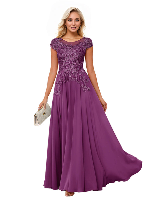 A-line Scoop Illusion Floor-Length Lace Chiffon Mother of the Bride Dress With Sequins