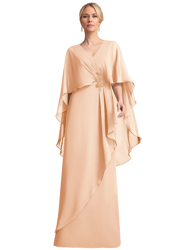 A-line V-Neck Floor-Length Chiffon Mother of the Bride Dress With Cascading Ruffles Beading