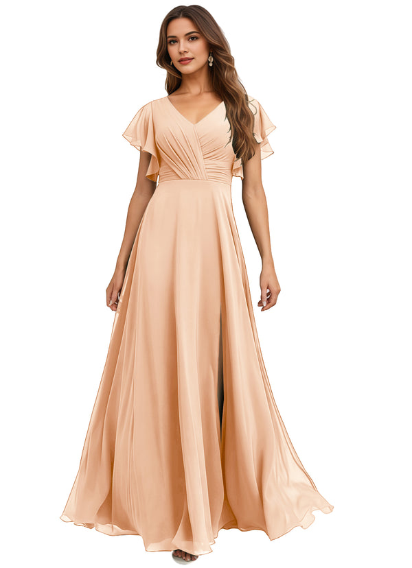 A-line V-Neck Floor-Length Chiffon Bridesmaid Dress With Ruffle