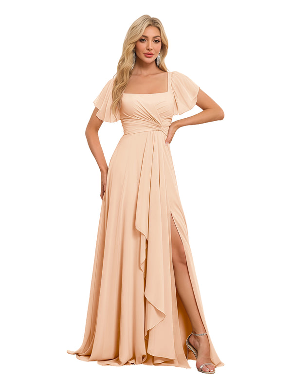 A-line Square Asymmetrical Chiffon Bridesmaid Dress