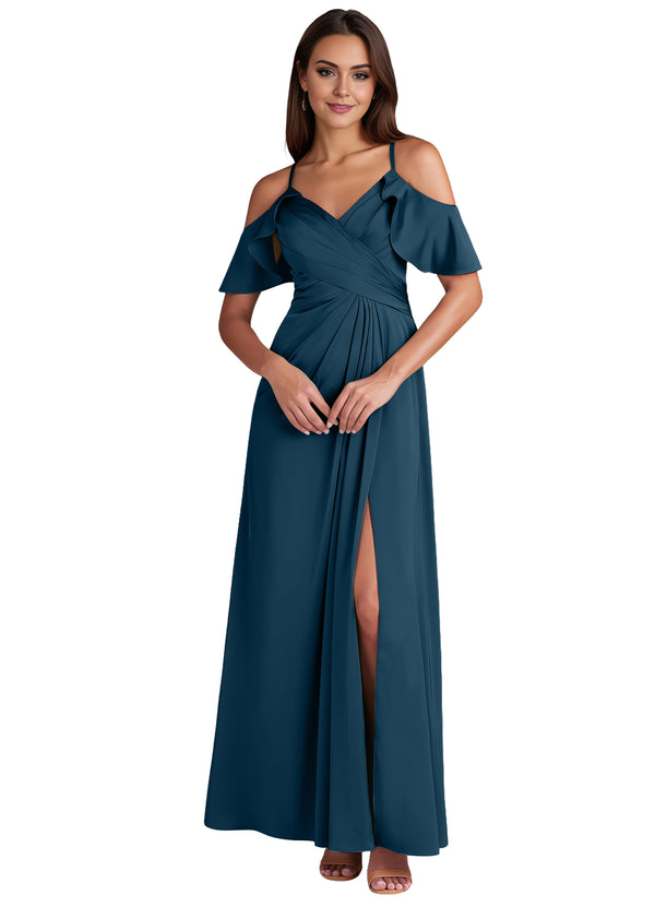 A-line Cold Shoulder Floor-Length Satin Bridesmaid Dress With Ruffle