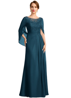 A-line Scoop Illusion Floor-Length Lace Chiffon Mother of the Bride Dress With Sequins Pleated