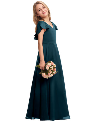 A-line V-Neck Floor-Length Chiffon Junior Bridesmaid Dress