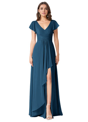 A-line V-Neck Floor-Length Chiffon Bridesmaid Dress With Ruffle