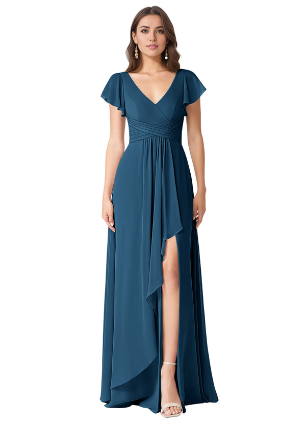 A-line V-Neck Floor-Length Chiffon Bridesmaid Dress With Ruffle
