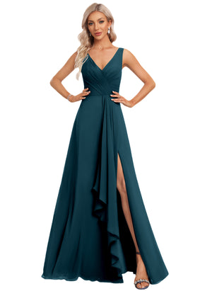 A-line V-Neck Floor-Length Chiffon Bridesmaid Dress with Ruffle