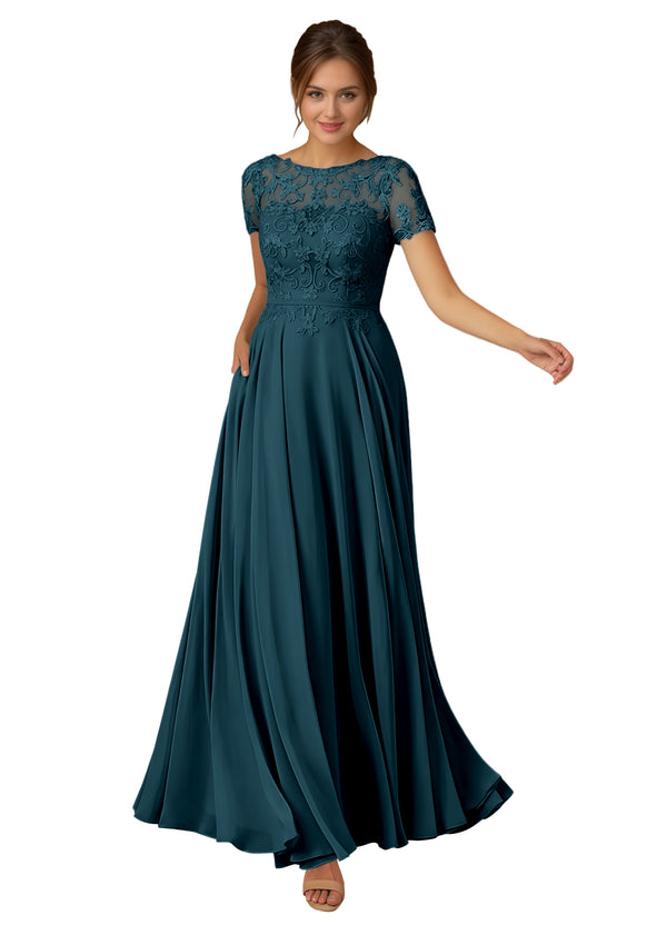 A-line Scoop Illusion Floor-Length Lace Chiffon Mother of the Bride Dress With Sequins