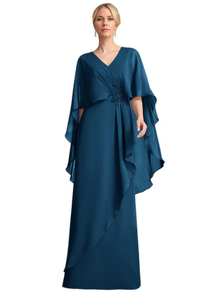 A-line V-Neck Floor-Length Chiffon Mother of the Bride Dress With Cascading Ruffles Beading