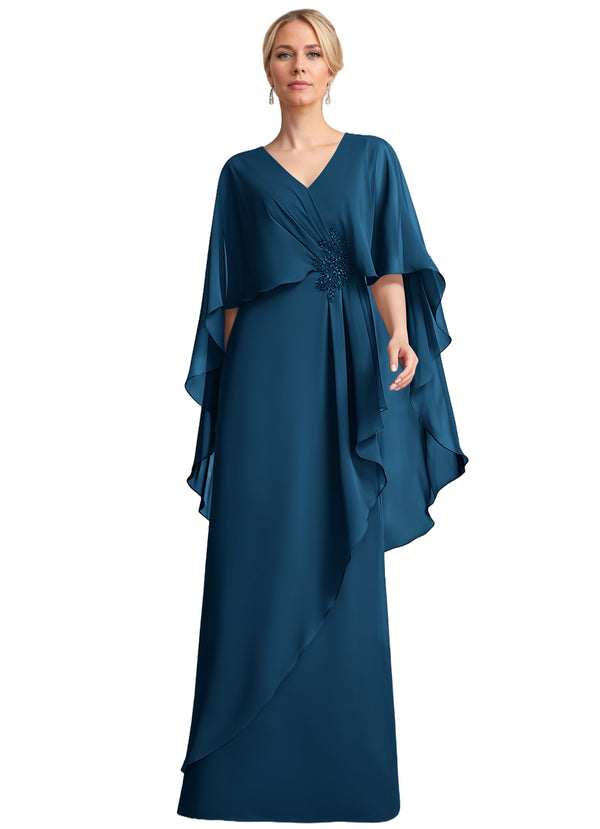 A-line V-Neck Floor-Length Chiffon Mother of the Bride Dress With Cascading Ruffles Beading