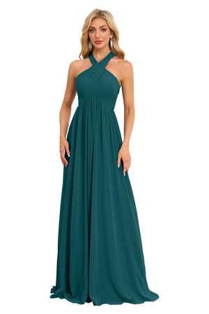 A-line Halter Floor-Length Chiffon Bridesmaid Dress With Ruffle