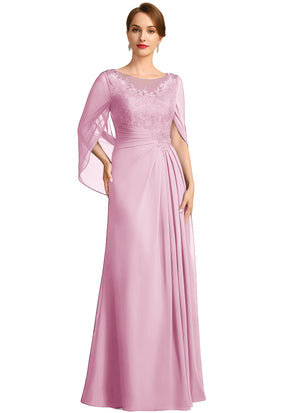 A-line Scoop Illusion Floor-Length Lace Chiffon Mother of the Bride Dress With Sequins Pleated