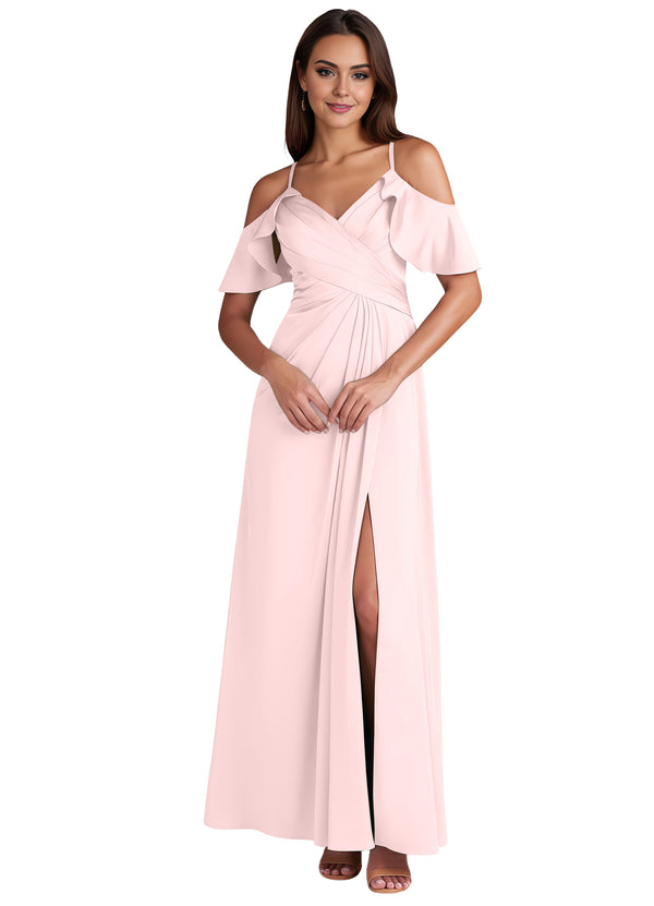 A-line Cold Shoulder Floor-Length Satin Bridesmaid Dress With Ruffle