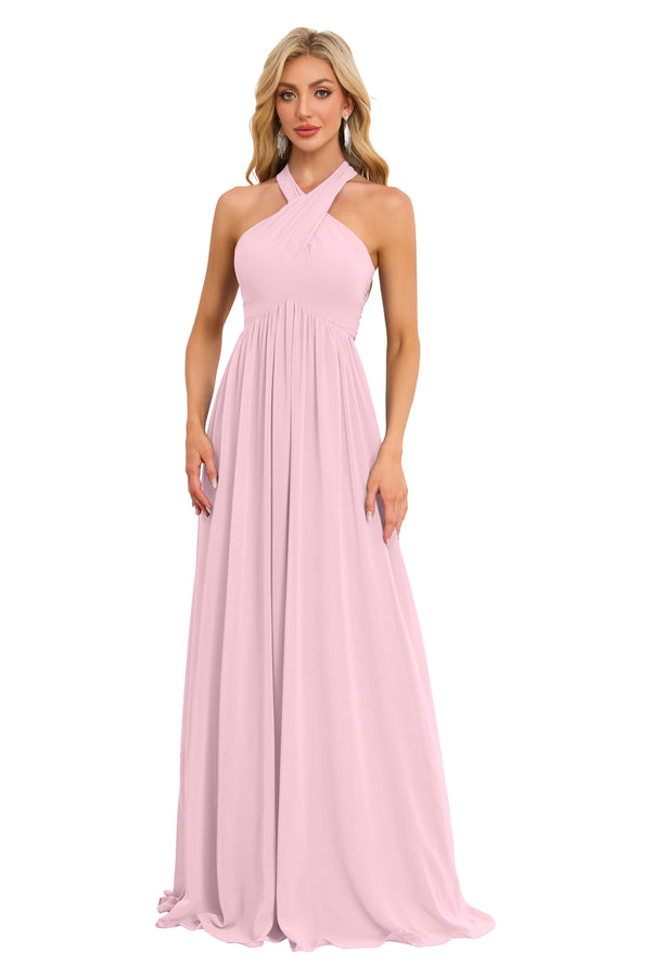 A-line Halter Floor-Length Chiffon Bridesmaid Dress With Ruffle