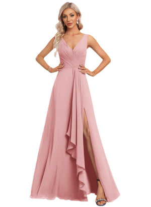 A-line V-Neck Floor-Length Chiffon Bridesmaid Dress with Ruffle