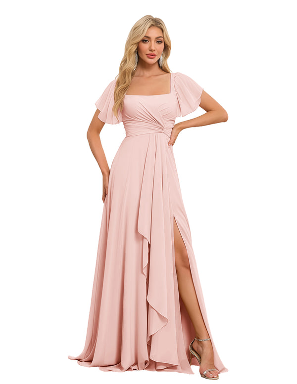 A-line Square Asymmetrical Chiffon Bridesmaid Dress