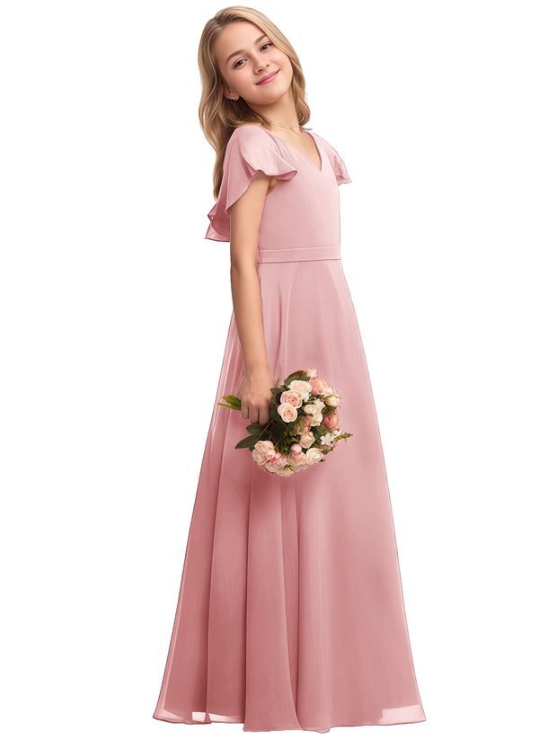 A-line V-Neck Floor-Length Chiffon Junior Bridesmaid Dress