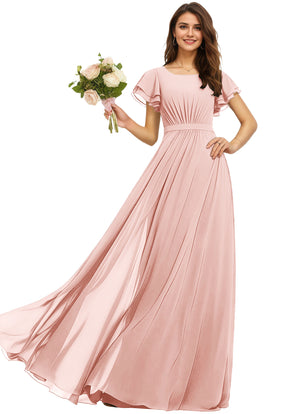 A-line Scoop Floor-Length Chiffon Bridesmaid Dress With Ruffle
