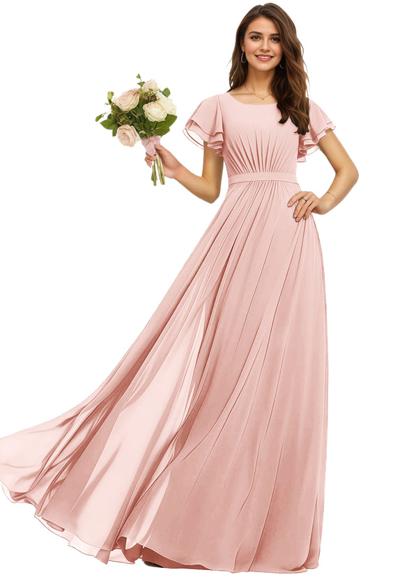 A-line Scoop Floor-Length Chiffon Bridesmaid Dress With Ruffle