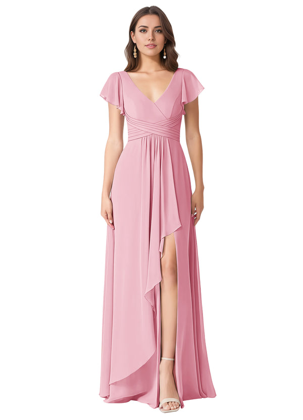 A-line V-Neck Floor-Length Chiffon Bridesmaid Dress With Ruffle