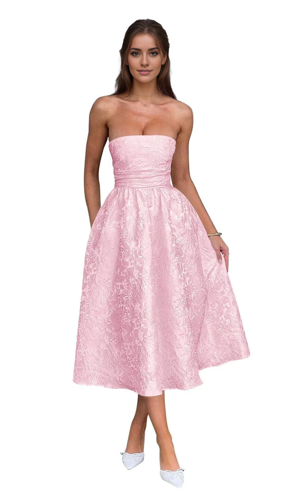 A-Line Strapless Tea-Length Jacquard Prom Dresses