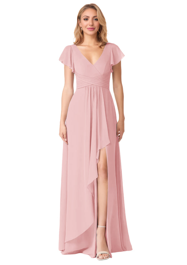 A-line V-Neck Floor-Length Chiffon Bridesmaid Dress With Ruffle