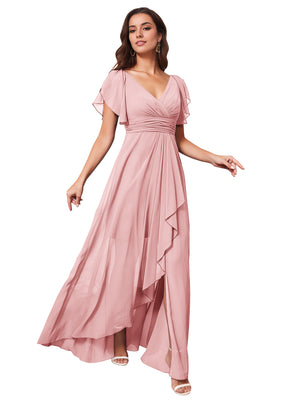 A-line V-Neck Floor-Length Chiffon Bridesmaid Dress With Ruffle