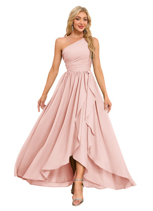 A-line One Shoulder Floor-Length Chiffon Bridesmaid Dress With Ruffle