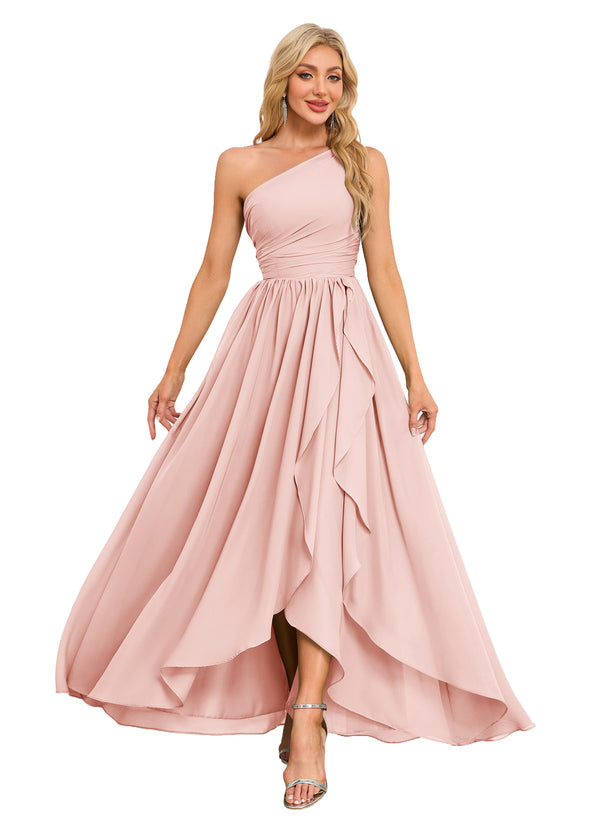 A-line One Shoulder Floor-Length Chiffon Bridesmaid Dress With Ruffle