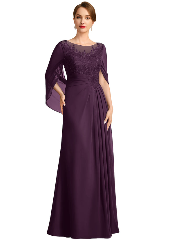 A-line Scoop Illusion Floor-Length Lace Chiffon Mother of the Bride Dress With Sequins Pleated