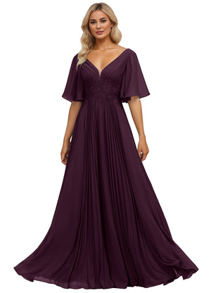 A-line V-Neck Floor-Length Chiffon Mother of the Bride Dress With Sequins Appliques Lace Pleated