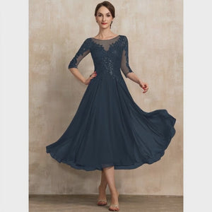A-line Scoop Illusion Tea-Length Lace Chiffon Mother of the Bride Dress With Sequins