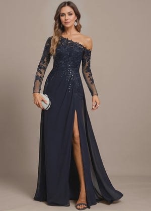 Trumpet/Mermaid Asymmetrical Illusion Floor-Length Lace Chiffon Evening Dress With Sequins