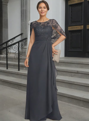 A-line Scoop Illusion Lace Chiffon Mother of the Bride Dress With Cascading Ruffles Sequins