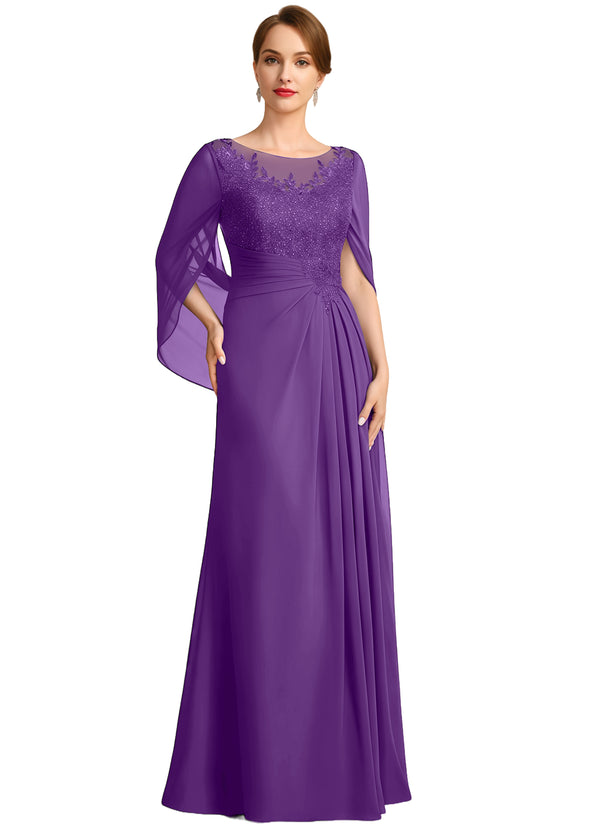 A-line Scoop Illusion Floor-Length Lace Chiffon Mother of the Bride Dress With Sequins Pleated