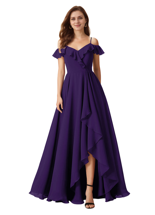A-line Cold Shoulder Floor-Length Chiffon Bridesmaid Dress With Ruffle