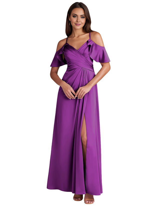 A-line Cold Shoulder Floor-Length Satin Bridesmaid Dress With Ruffle