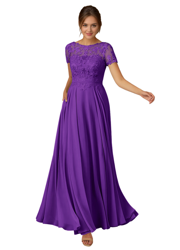 A-line Scoop Illusion Floor-Length Lace Chiffon Mother of the Bride Dress With Sequins