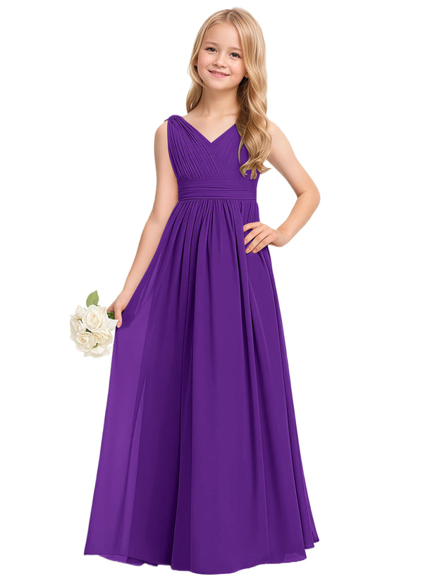 A-line V-Neck Floor-Length Chiffon Junior Bridesmaid Dress