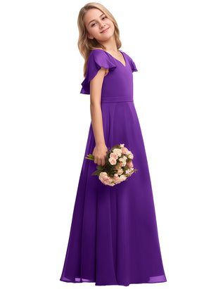 A-line V-Neck Floor-Length Chiffon Junior Bridesmaid Dress