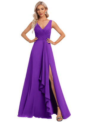 A-line V-Neck Floor-Length Chiffon Bridesmaid Dress with Ruffle
