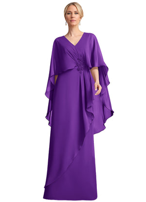 A-line V-Neck Floor-Length Chiffon Mother of the Bride Dress With Cascading Ruffles Beading