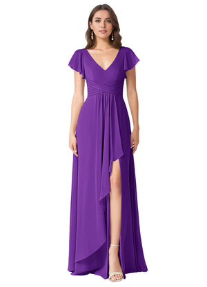 A-line V-Neck Floor-Length Chiffon Bridesmaid Dress With Ruffle
