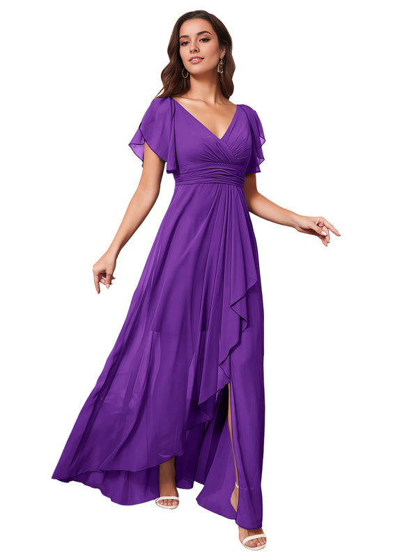 A-line V-Neck Floor-Length Chiffon Bridesmaid Dress With Ruffle
