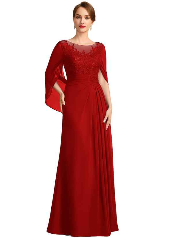 A-line Scoop Illusion Floor-Length Lace Chiffon Mother of the Bride Dress With Sequins Pleated