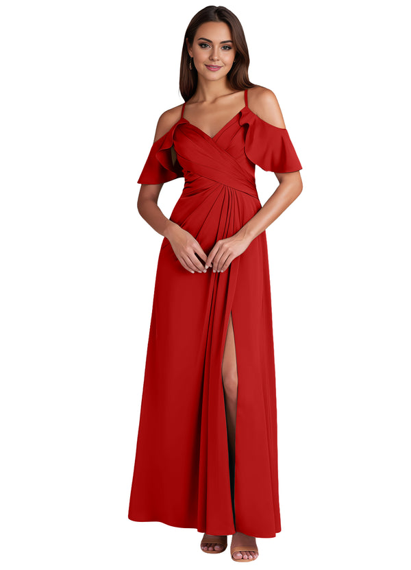 A-line Cold Shoulder Floor-Length Satin Bridesmaid Dress With Ruffle