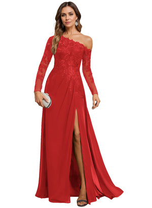 Trumpet/Mermaid Asymmetrical Illusion Floor-Length Lace Chiffon Evening Dress With Sequins