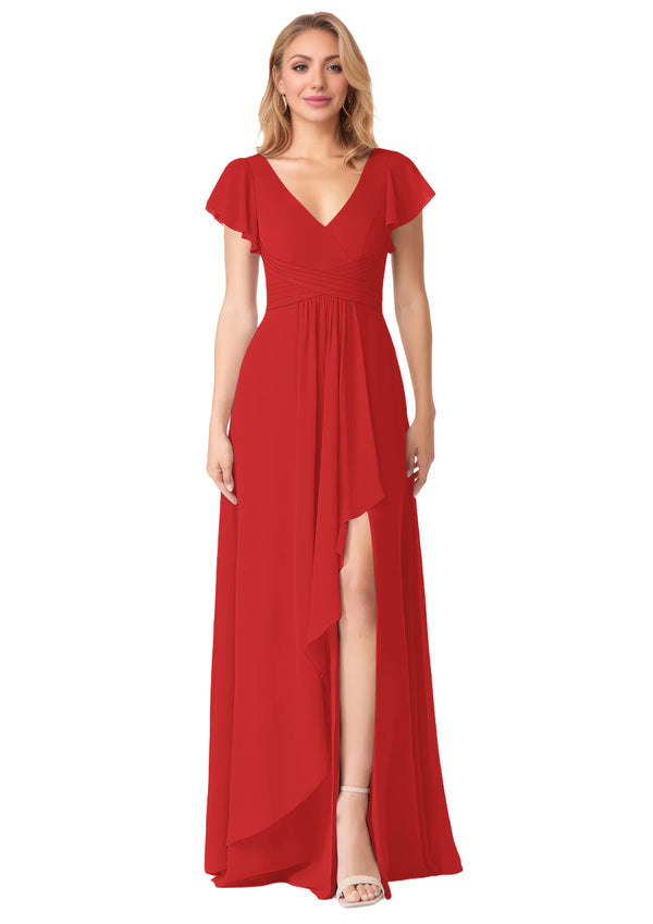 A-line V-Neck Floor-Length Chiffon Bridesmaid Dress With Ruffle